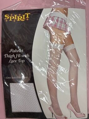 Spirit White Fishnet Thigh-High Stockings with Lace Top